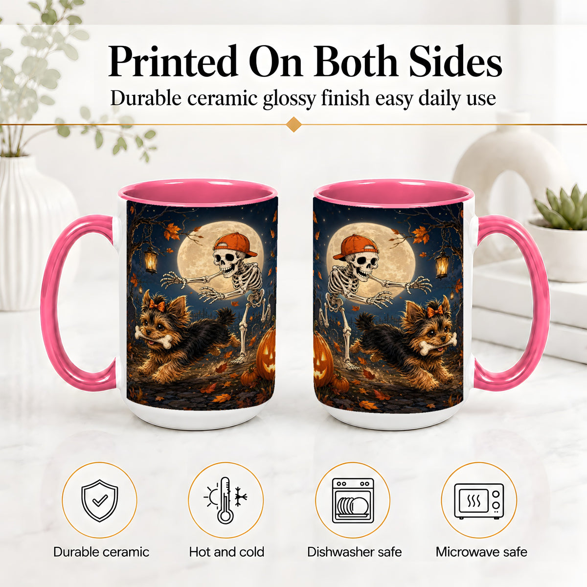 #pl[15oz|Pink] Skeleton Yorkie Chase Ceramic Mug, Halloween Art for Dog Lovers