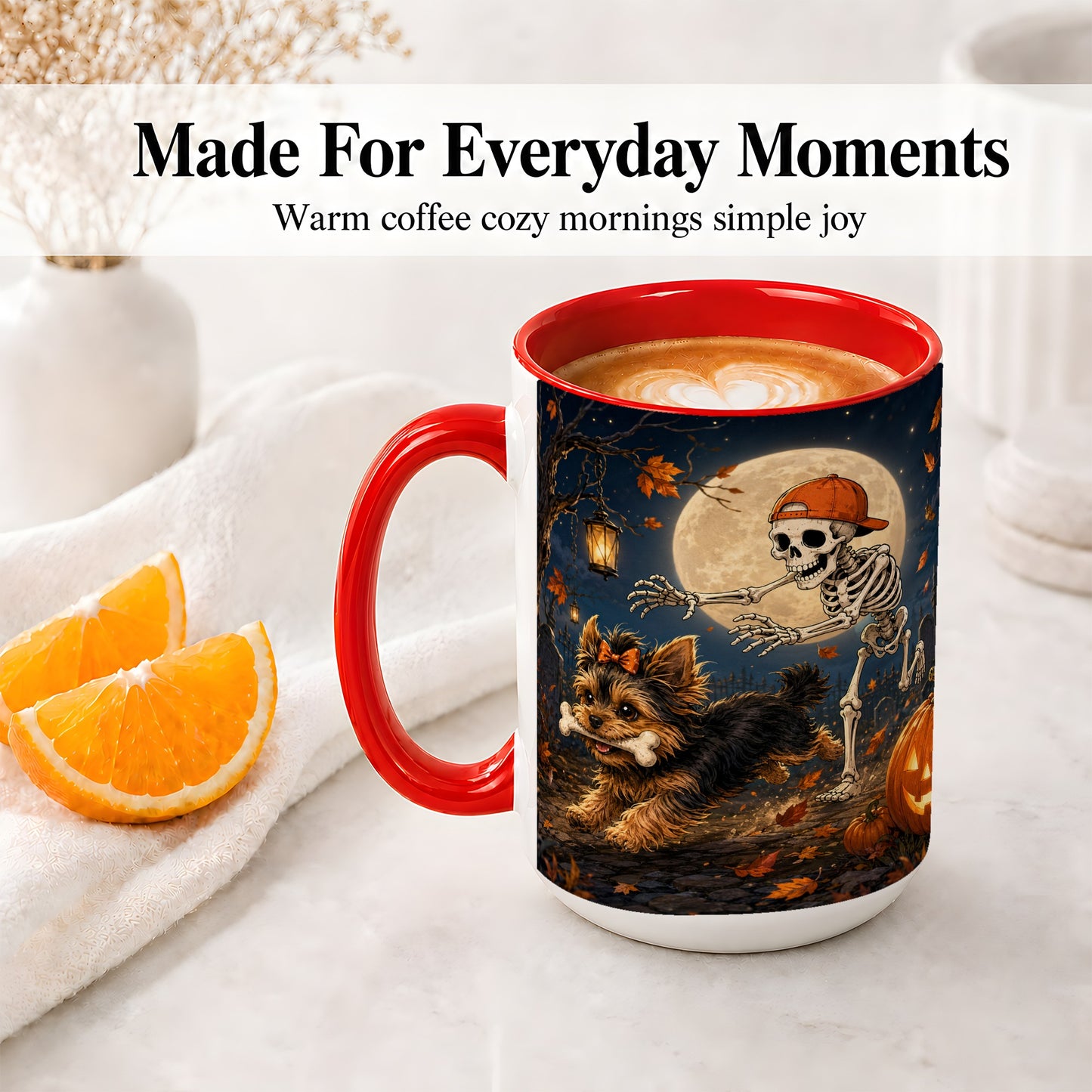 #pl[15oz|Red] Skeleton Yorkie Chase Ceramic Mug, Halloween Art for Dog Lovers
