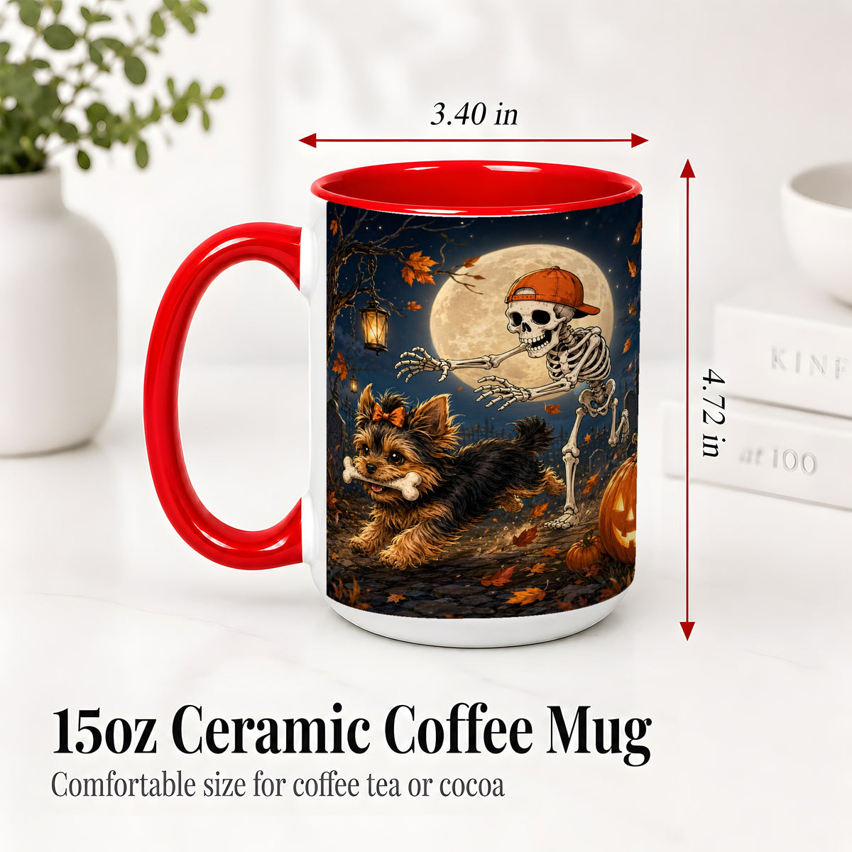 #pl[15oz|Red] Skeleton Yorkie Chase Ceramic Mug, Halloween Art for Dog Lovers