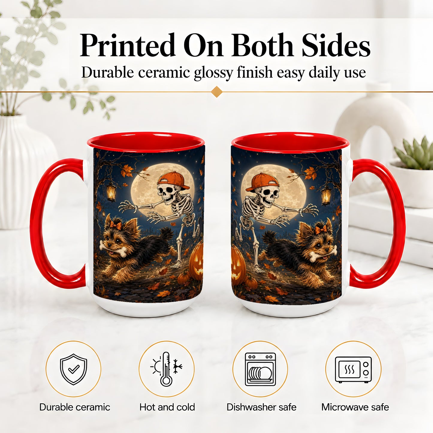 #pl[15oz|Red] Skeleton Yorkie Chase Ceramic Mug, Halloween Art for Dog Lovers
