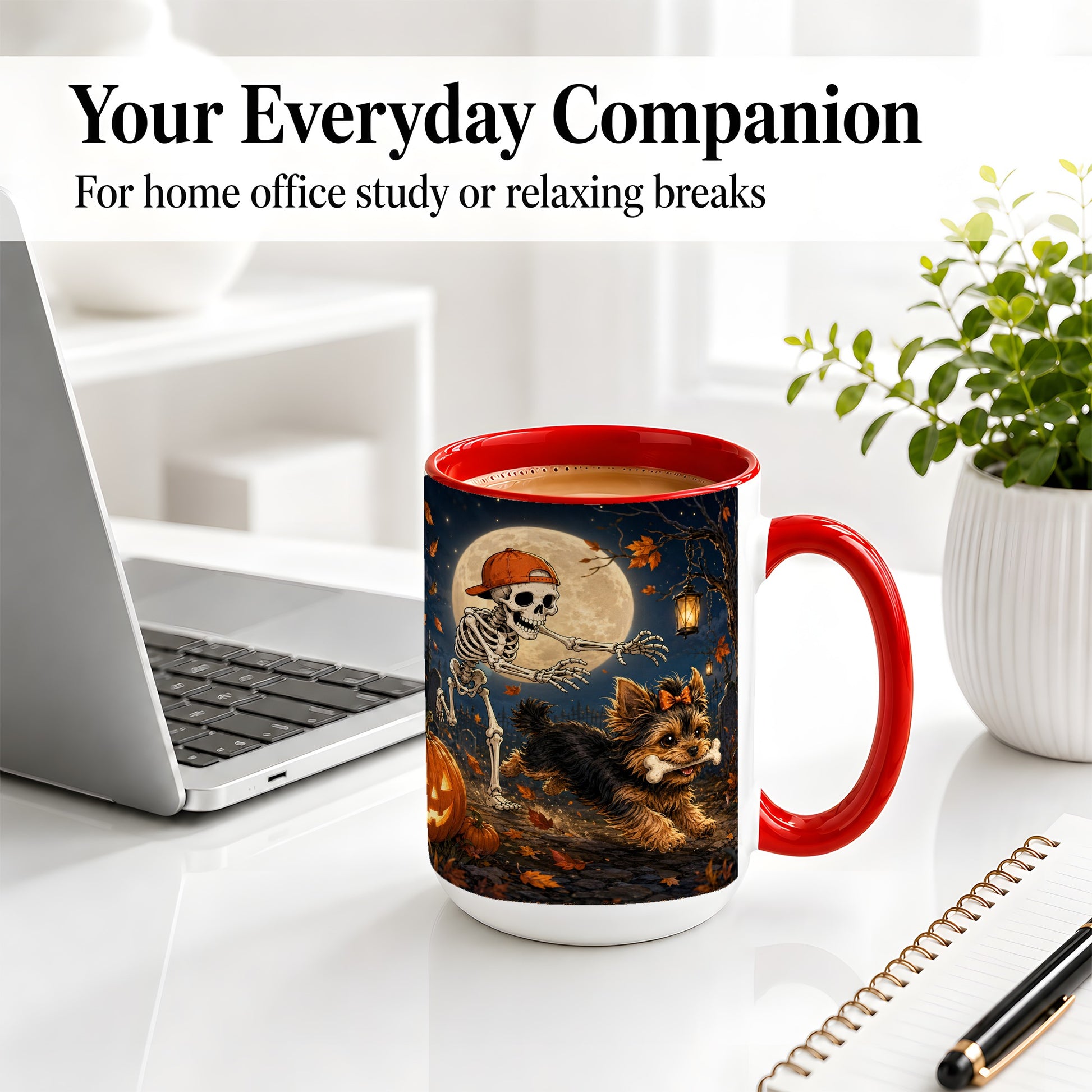 #pl[15oz|Red] Skeleton Yorkie Chase Ceramic Mug, Halloween Art for Dog Lovers