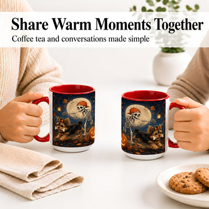 #pl[15oz|Red] Skeleton Yorkie Chase Ceramic Mug, Halloween Art for Dog Lovers