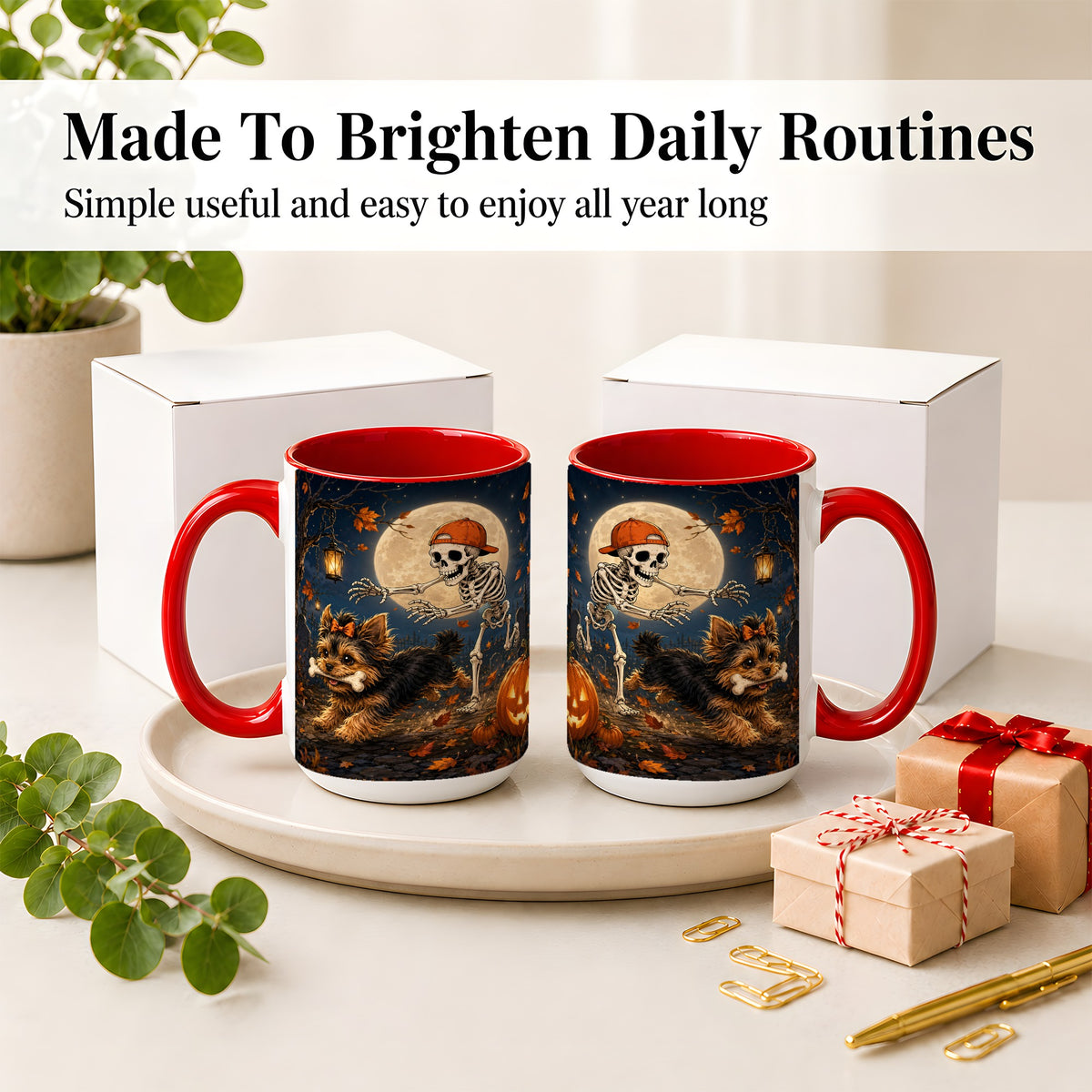 #pl[15oz|Red] Skeleton Yorkie Chase Ceramic Mug, Halloween Art for Dog Lovers