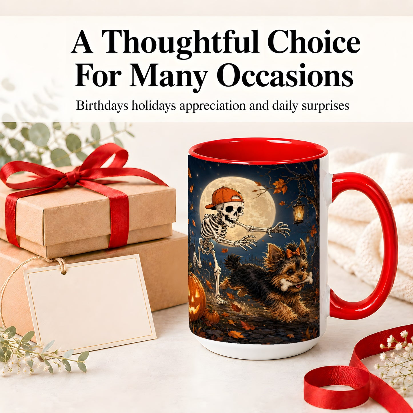 #pl[15oz|Red] Skeleton Yorkie Chase Ceramic Mug, Halloween Art for Dog Lovers