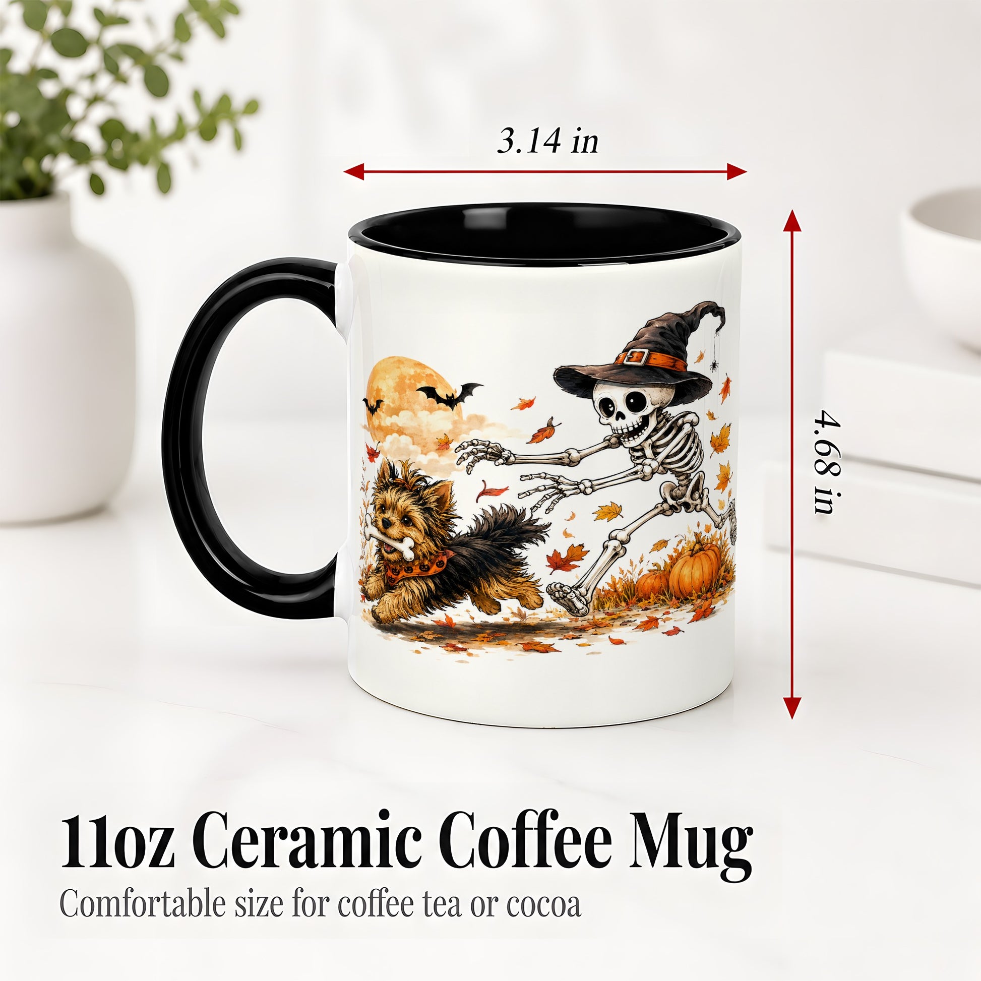 #pl[11oz|Black] Witch Hat Skeleton Yorkie Ceramic Mug, Halloween Art for Dog Lovers