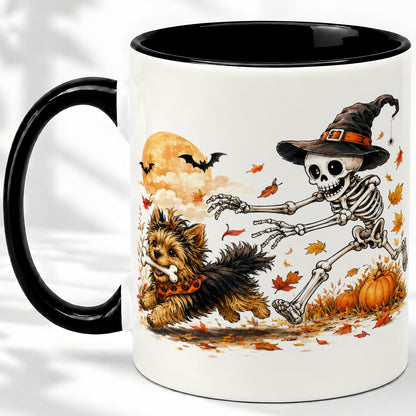 #pl[11oz|Black] Witch Hat Skeleton Yorkie Ceramic Mug, Halloween Art for Dog Lovers