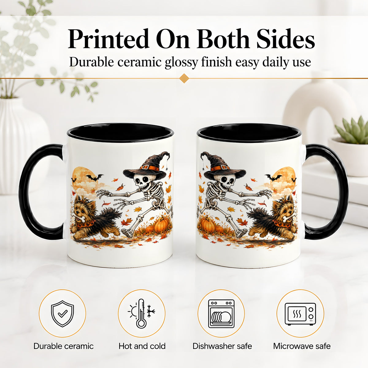 #pl[11oz|Black] Witch Hat Skeleton Yorkie Ceramic Mug, Halloween Art for Dog Lovers