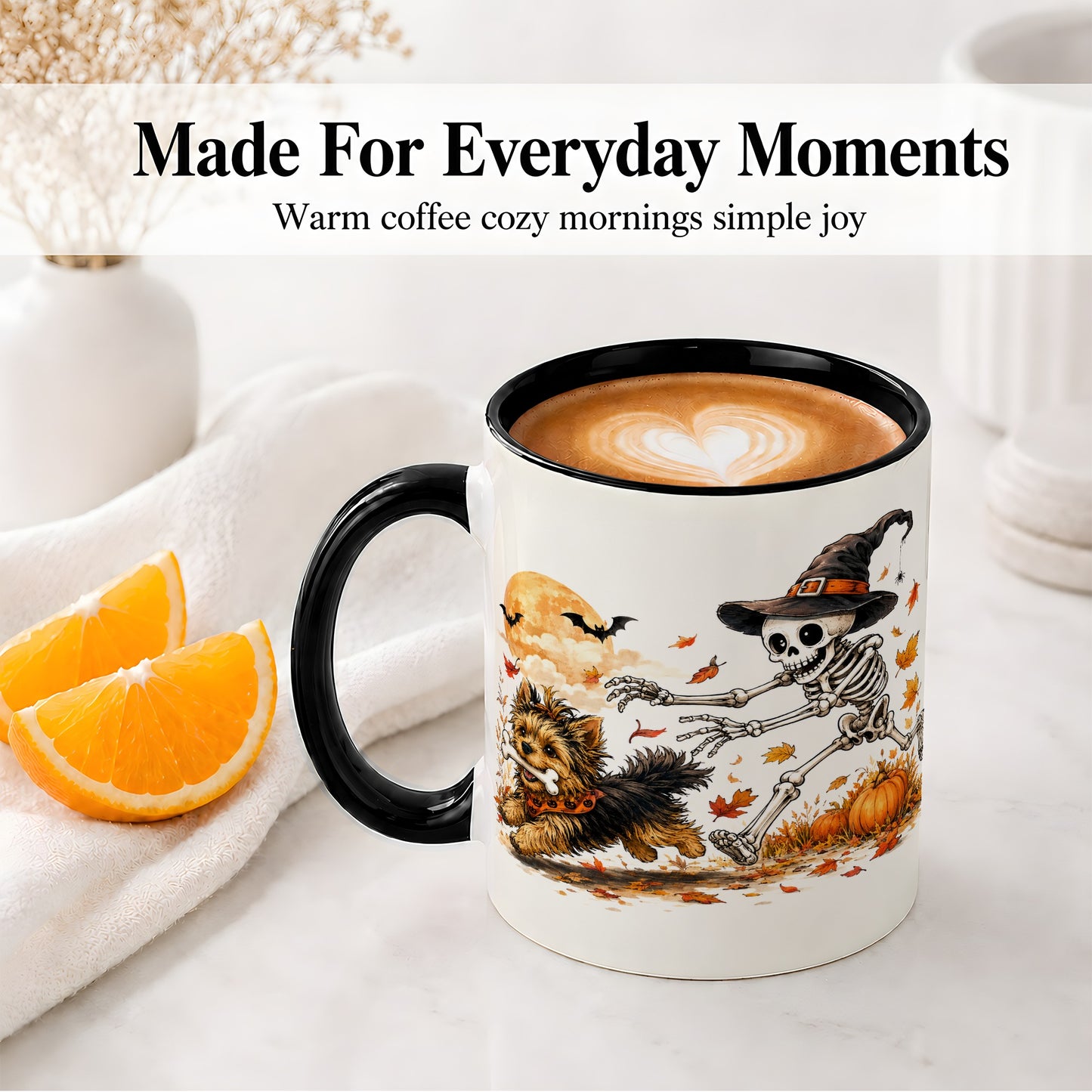 #pl[11oz|Black] Witch Hat Skeleton Yorkie Ceramic Mug, Halloween Art for Dog Lovers