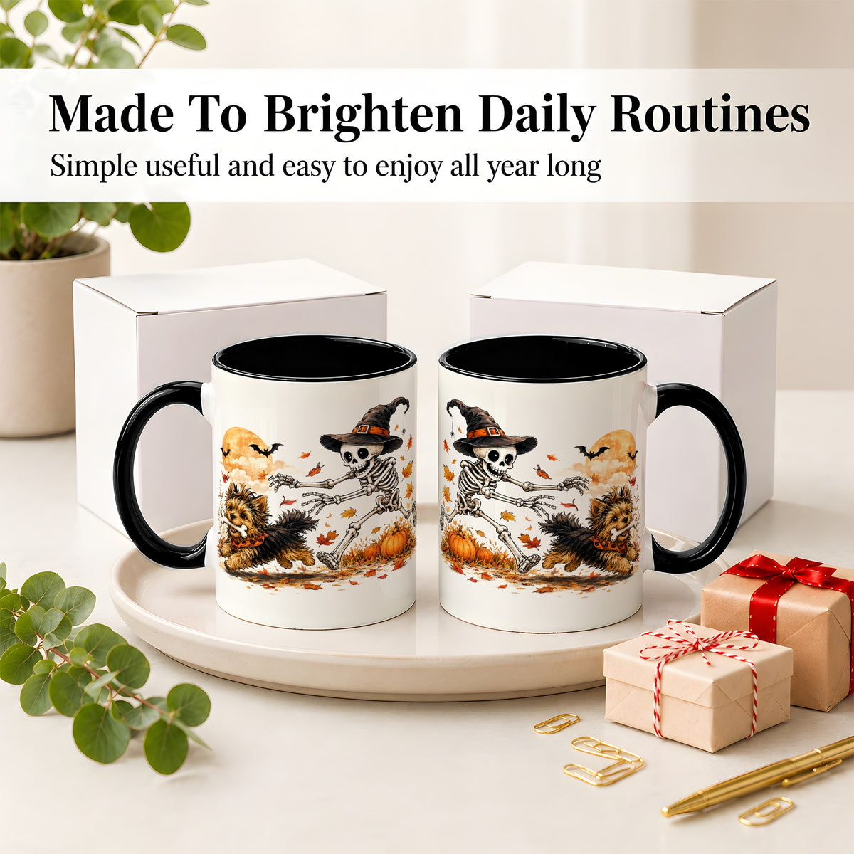 #pl[11oz|Black] Witch Hat Skeleton Yorkie Ceramic Mug, Halloween Art for Dog Lovers