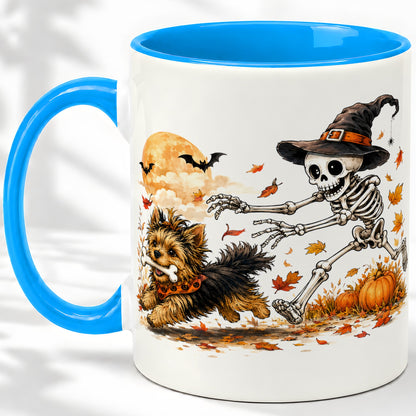 #pl[11oz|Blue] Witch Hat Skeleton Yorkie Ceramic Mug, Halloween Art for Dog Lovers