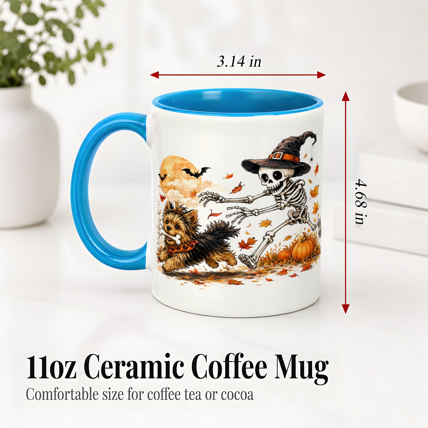 #pl[11oz|Blue] Witch Hat Skeleton Yorkie Ceramic Mug, Halloween Art for Dog Lovers