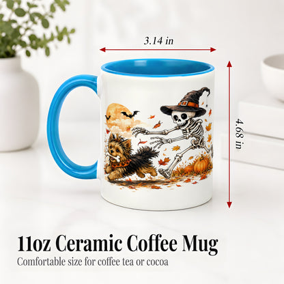 #pl[11oz|Blue] Witch Hat Skeleton Yorkie Ceramic Mug, Halloween Art for Dog Lovers
