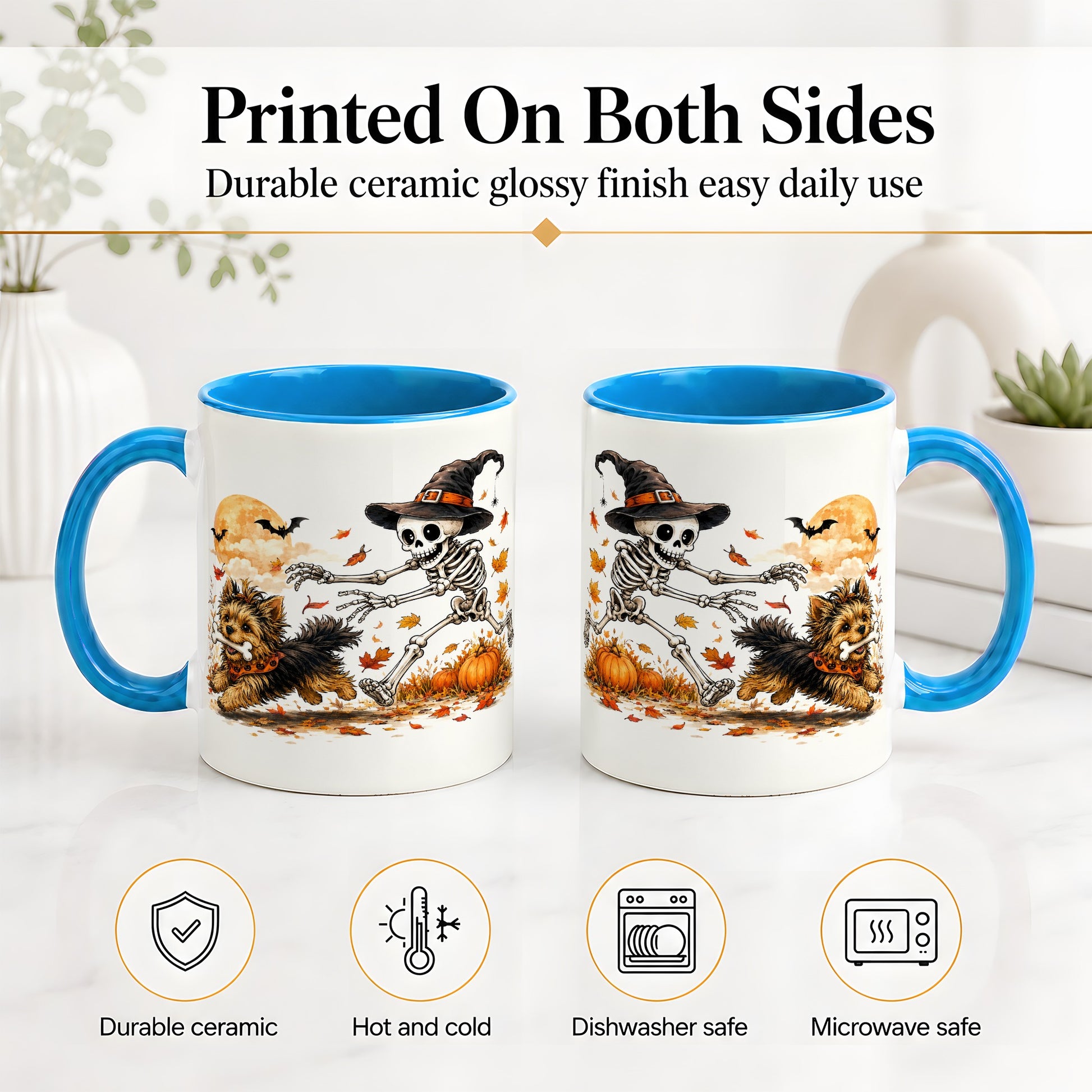 #pl[11oz|Blue] Witch Hat Skeleton Yorkie Ceramic Mug, Halloween Art for Dog Lovers
