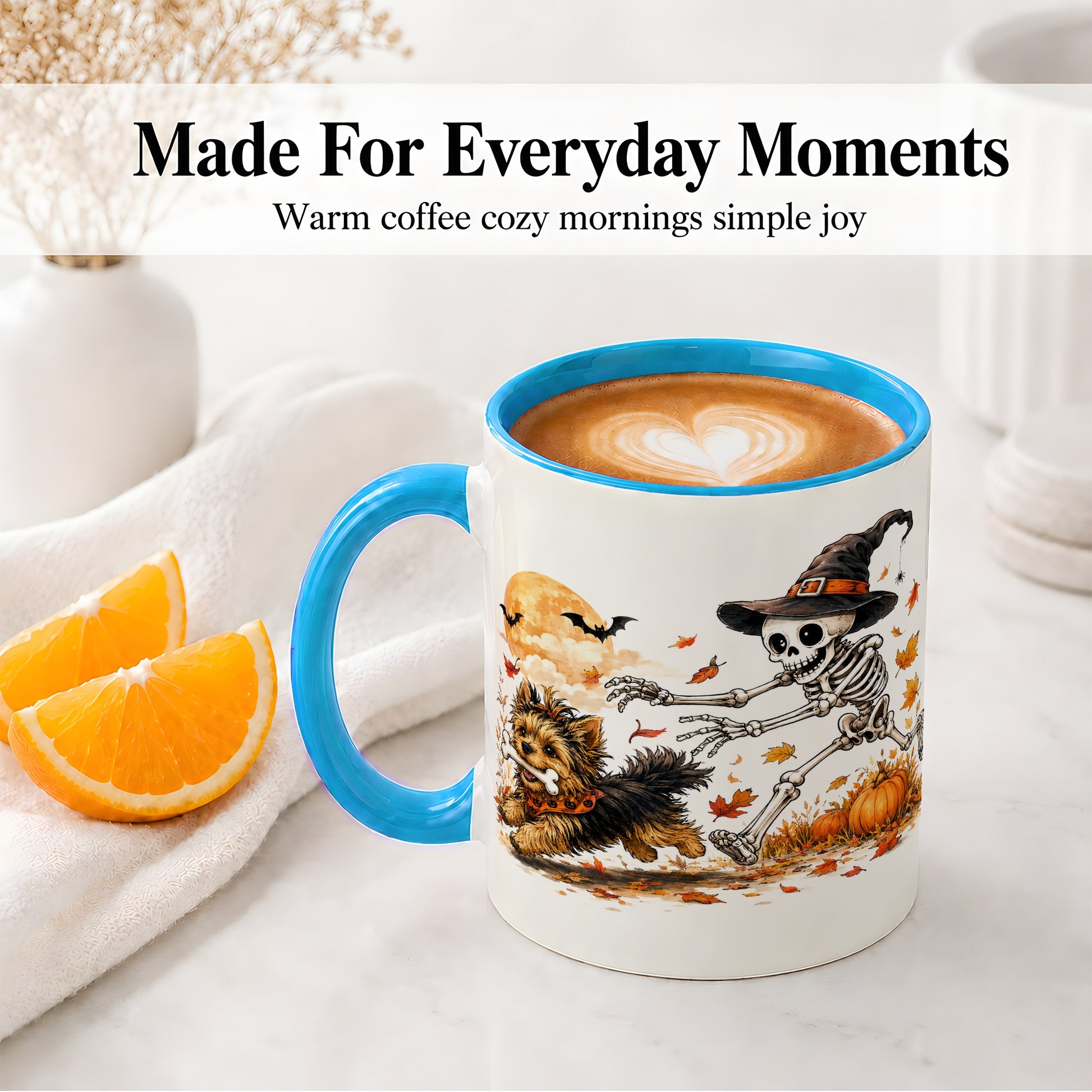#pl[11oz|Blue] Witch Hat Skeleton Yorkie Ceramic Mug, Halloween Art for Dog Lovers