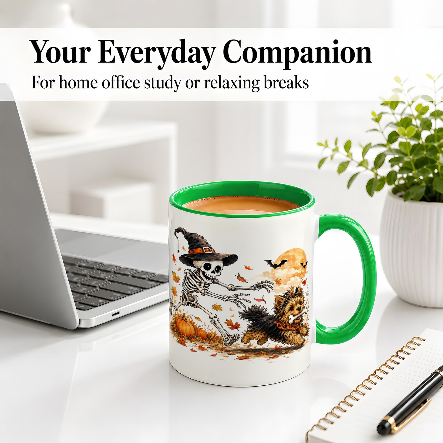 #pl[11oz|Green] Witch Hat Skeleton Yorkie Ceramic Mug, Halloween Art for Dog Lovers