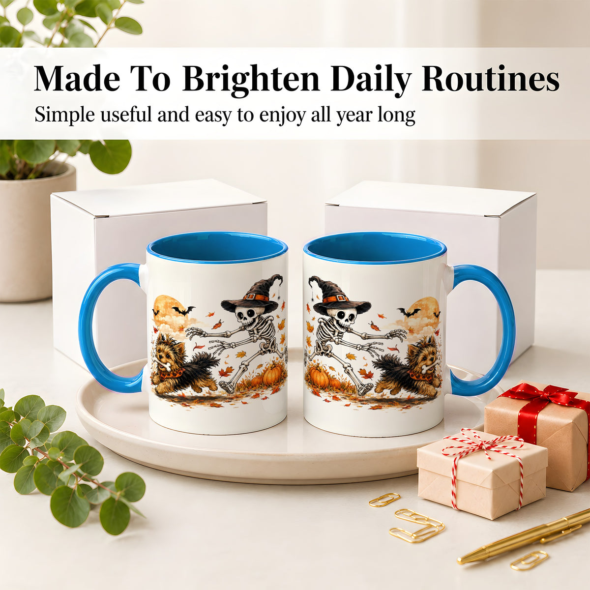 #pl[11oz|Blue] Witch Hat Skeleton Yorkie Ceramic Mug, Halloween Art for Dog Lovers