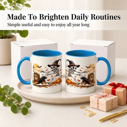 #pl[11oz|Blue] Witch Hat Skeleton Yorkie Ceramic Mug, Halloween Art for Dog Lovers