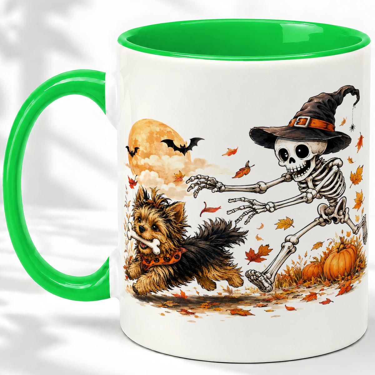 #pl[11oz|Green] Witch Hat Skeleton Yorkie Ceramic Mug, Halloween Art for Dog Lovers