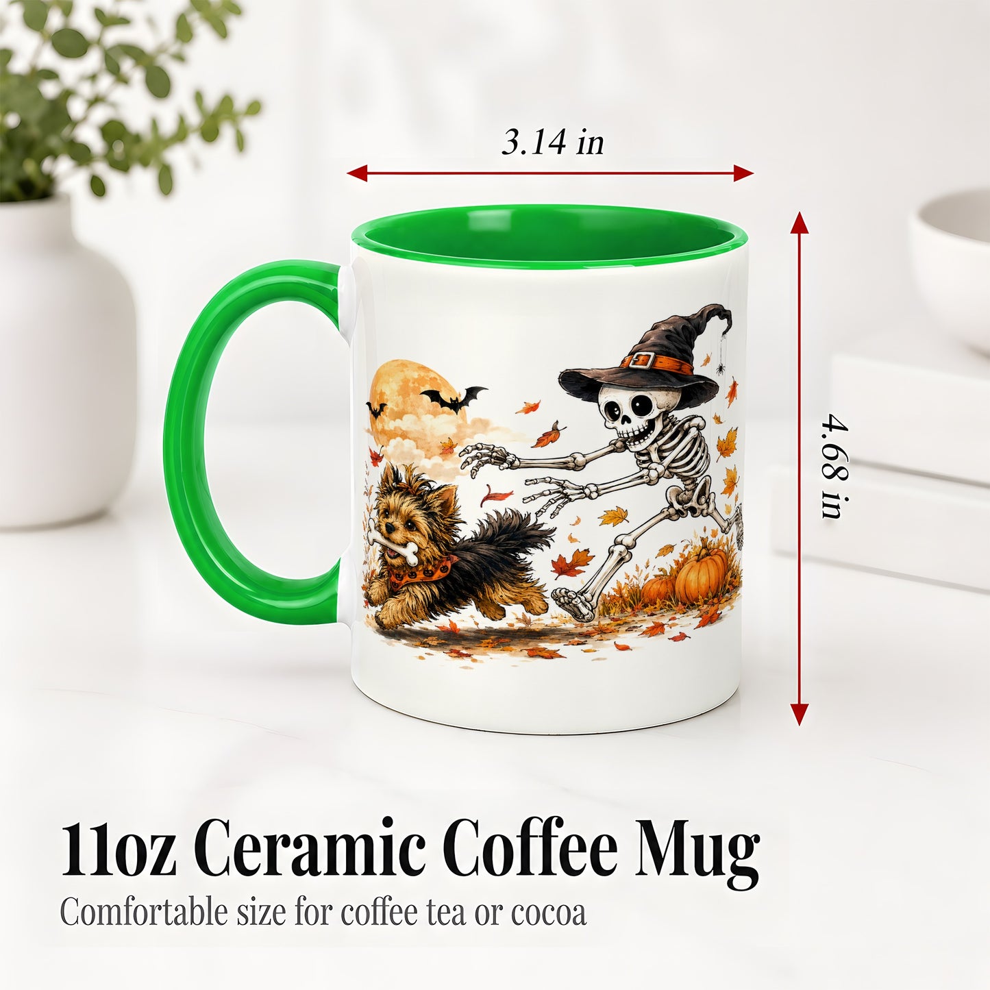 #pl[11oz|Green] Witch Hat Skeleton Yorkie Ceramic Mug, Halloween Art for Dog Lovers