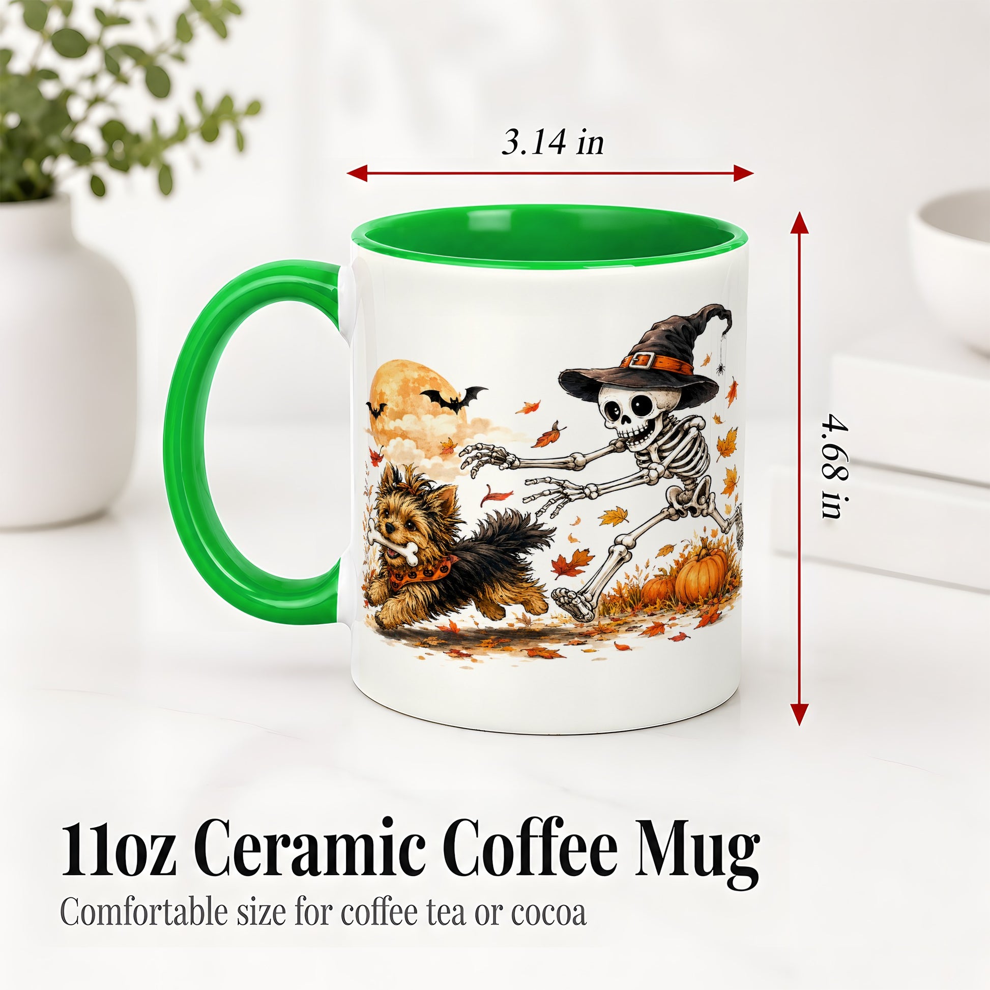 #pl[11oz|Green] Witch Hat Skeleton Yorkie Ceramic Mug, Halloween Art for Dog Lovers