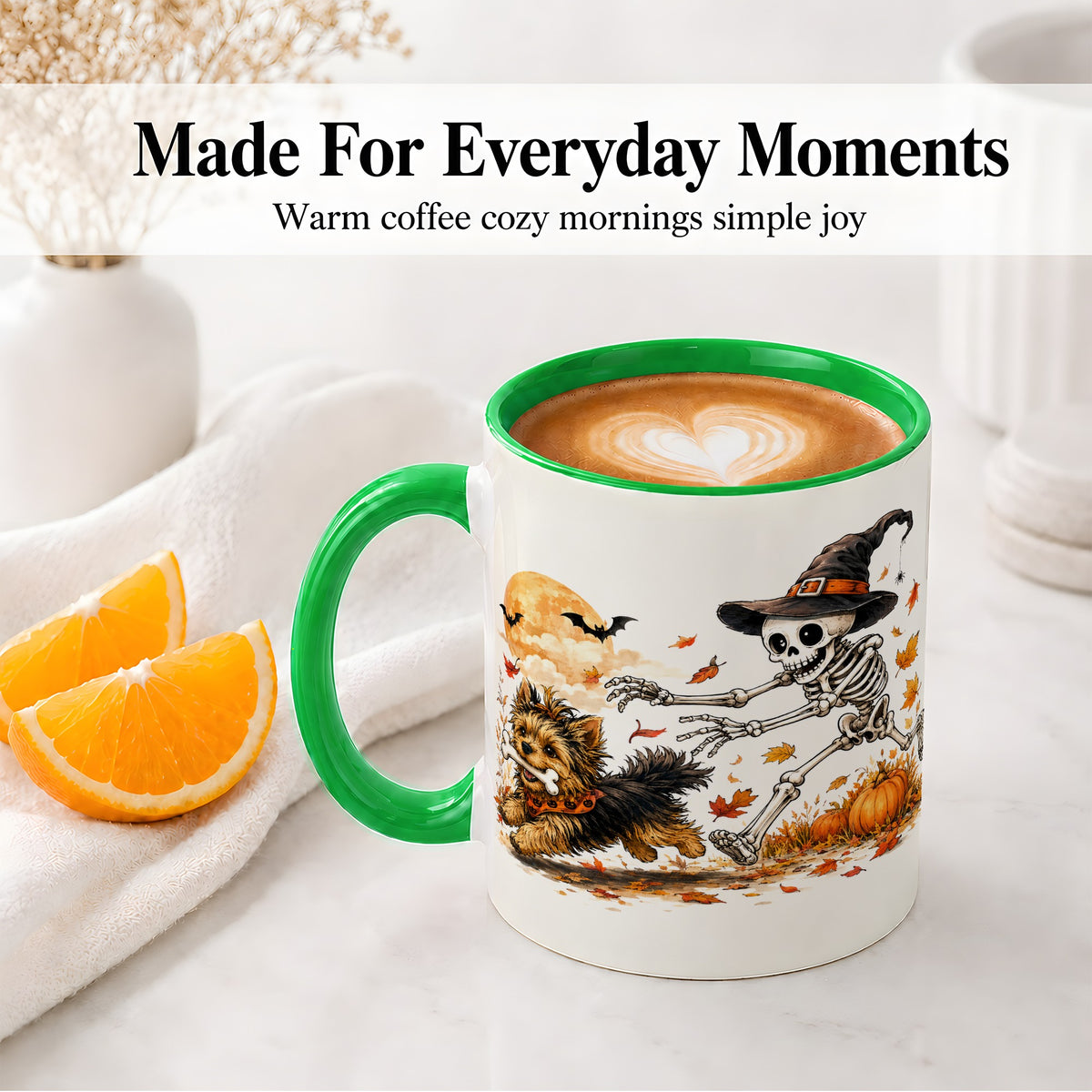 #pl[11oz|Green] Witch Hat Skeleton Yorkie Ceramic Mug, Halloween Art for Dog Lovers