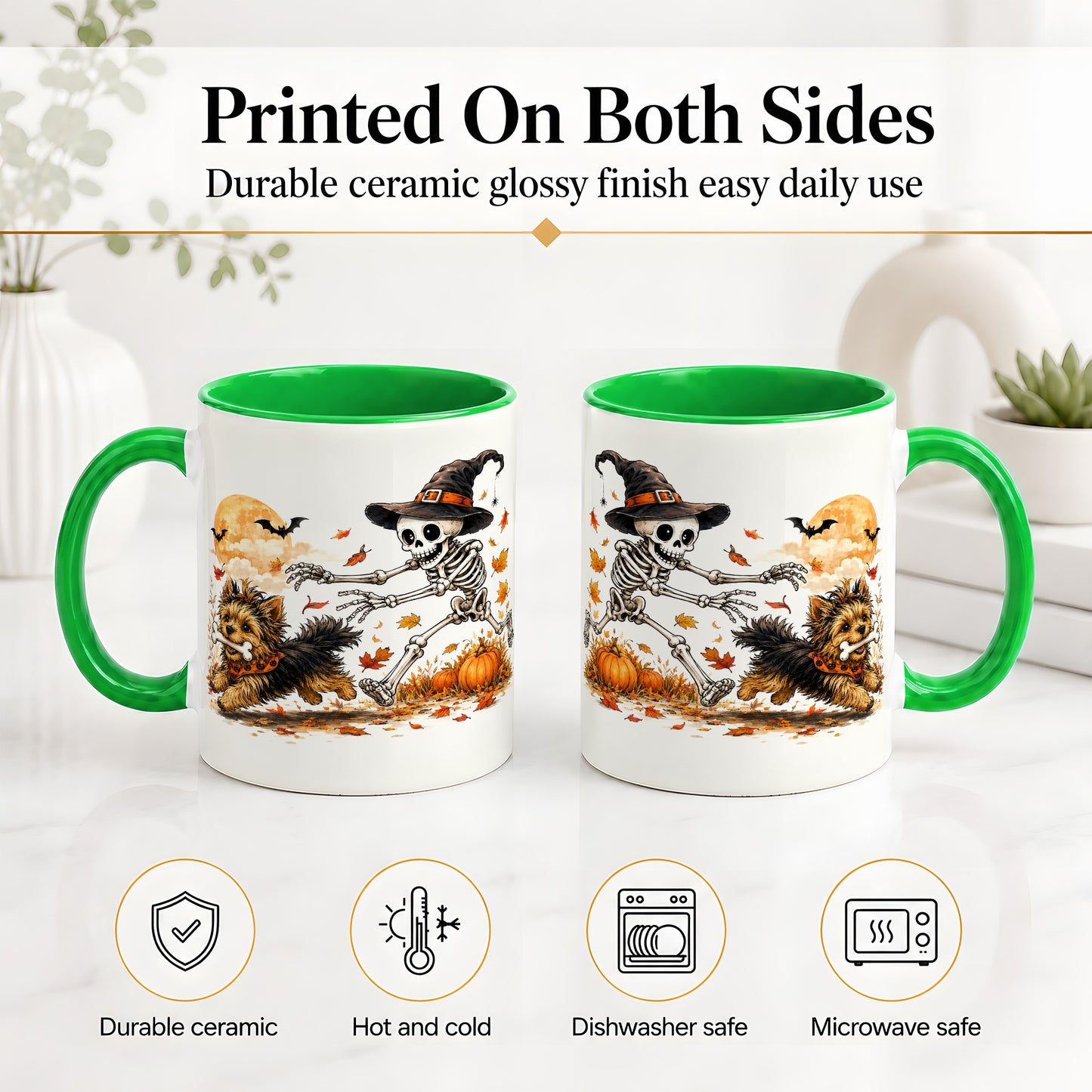 #pl[11oz|Green] Witch Hat Skeleton Yorkie Ceramic Mug, Halloween Art for Dog Lovers