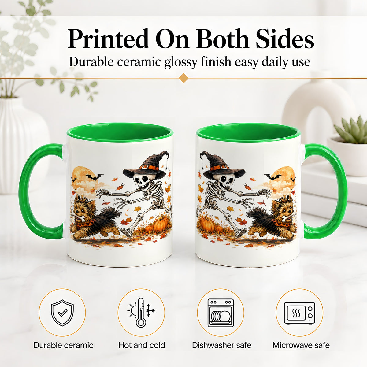 #pl[11oz|Green] Witch Hat Skeleton Yorkie Ceramic Mug, Halloween Art for Dog Lovers