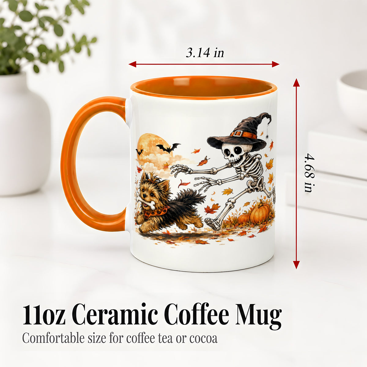 #pl[11oz|Orange] Witch Hat Skeleton Yorkie Ceramic Mug, Halloween Art for Dog Lovers