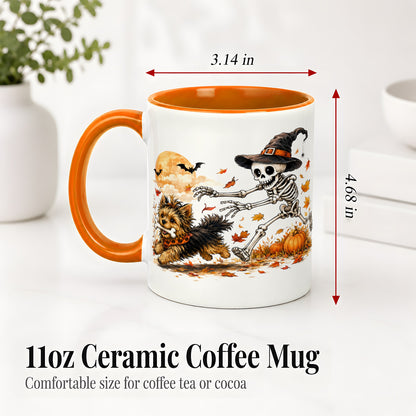 #pl[11oz|Orange] Witch Hat Skeleton Yorkie Ceramic Mug, Halloween Art for Dog Lovers