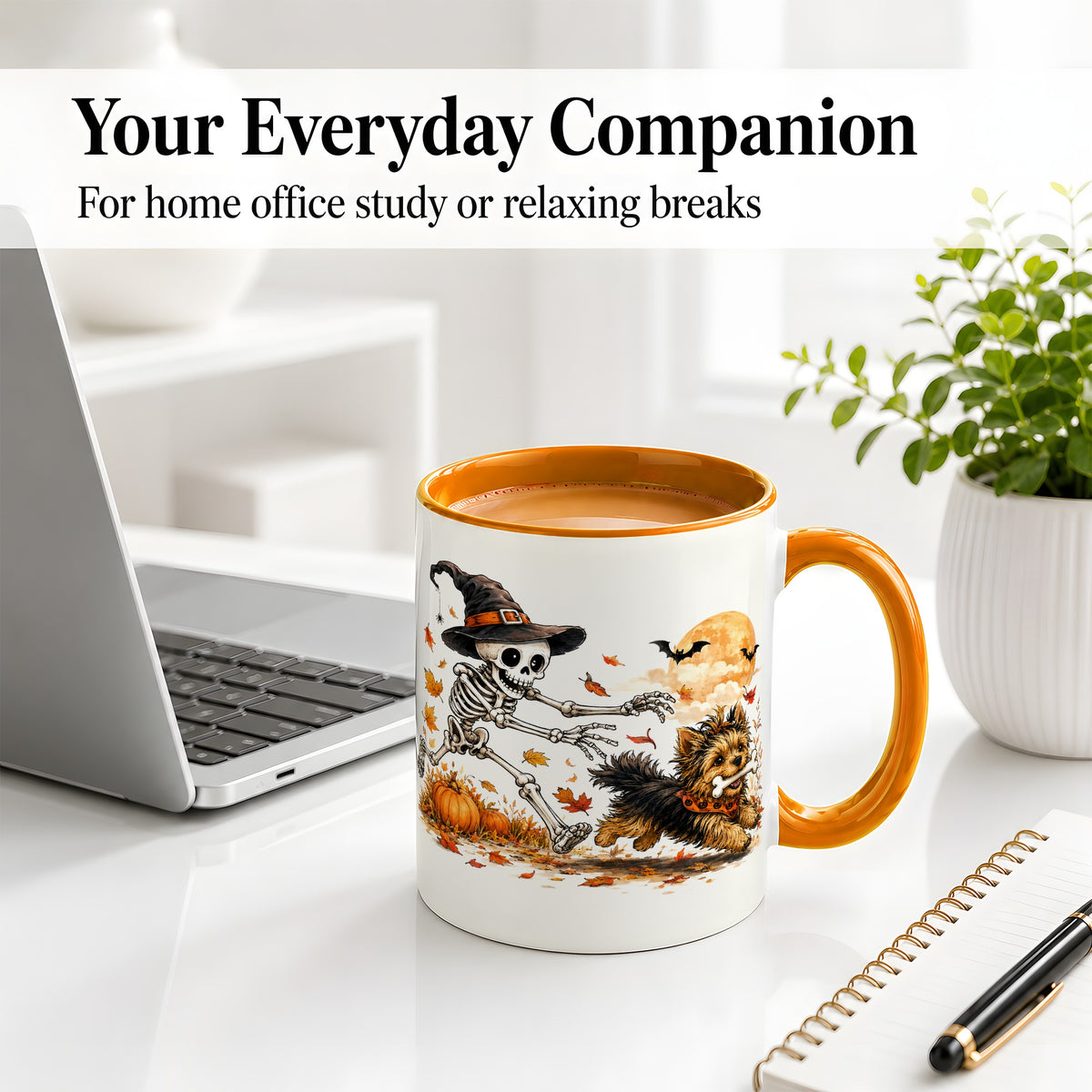 #pl[11oz|Orange] Witch Hat Skeleton Yorkie Ceramic Mug, Halloween Art for Dog Lovers