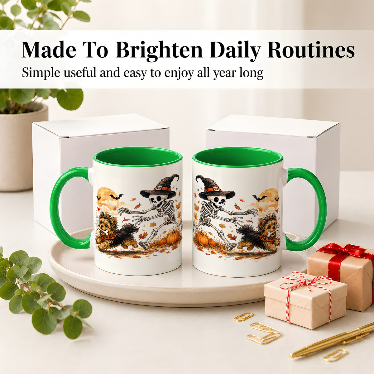 #pl[11oz|Green] Witch Hat Skeleton Yorkie Ceramic Mug, Halloween Art for Dog Lovers
