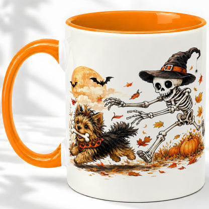 #pl[11oz|Orange] Witch Hat Skeleton Yorkie Ceramic Mug, Halloween Art for Dog Lovers