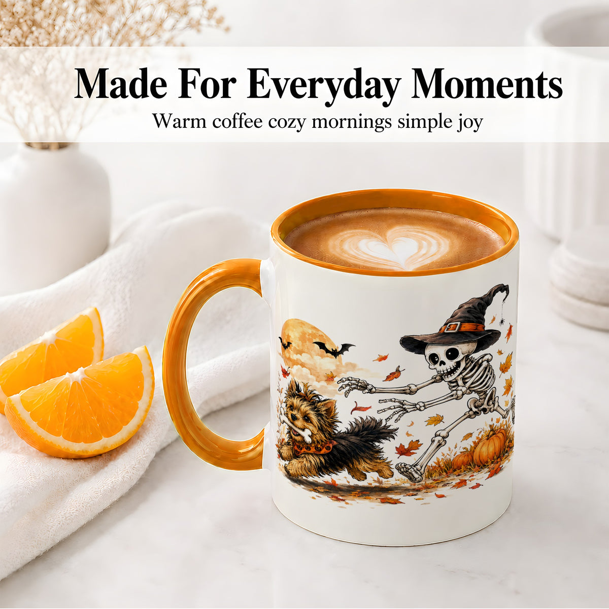 #pl[11oz|Orange] Witch Hat Skeleton Yorkie Ceramic Mug, Halloween Art for Dog Lovers