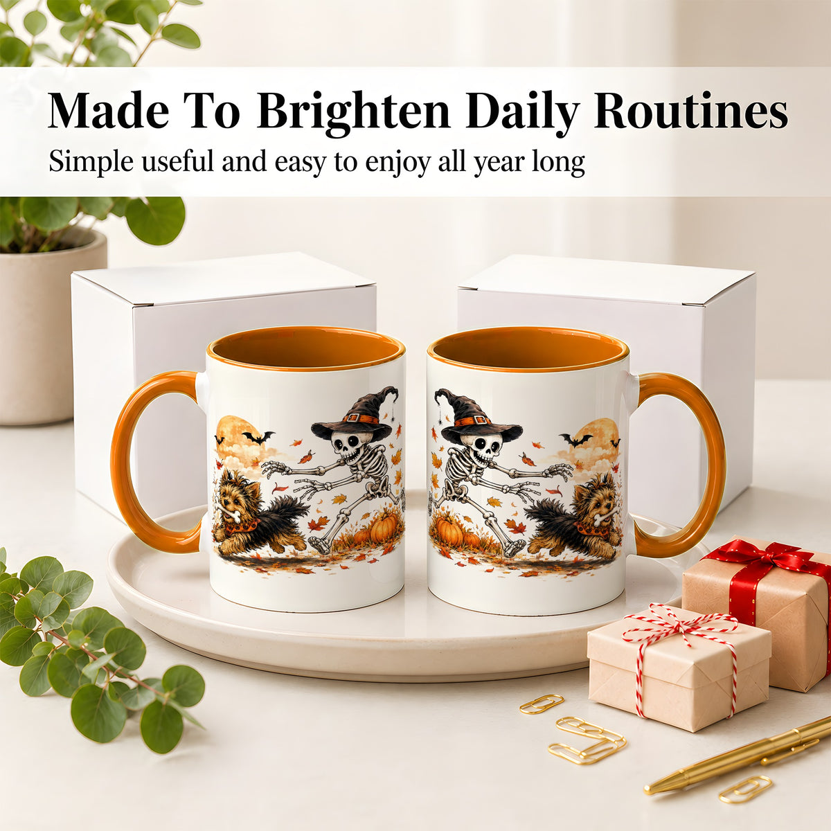#pl[11oz|Orange] Witch Hat Skeleton Yorkie Ceramic Mug, Halloween Art for Dog Lovers