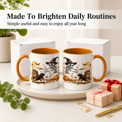 #pl[11oz|Orange] Witch Hat Skeleton Yorkie Ceramic Mug, Halloween Art for Dog Lovers