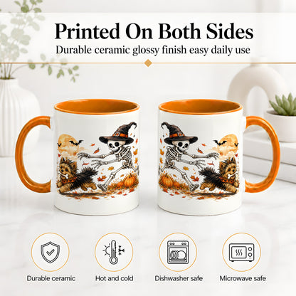 #pl[11oz|Orange] Witch Hat Skeleton Yorkie Ceramic Mug, Halloween Art for Dog Lovers