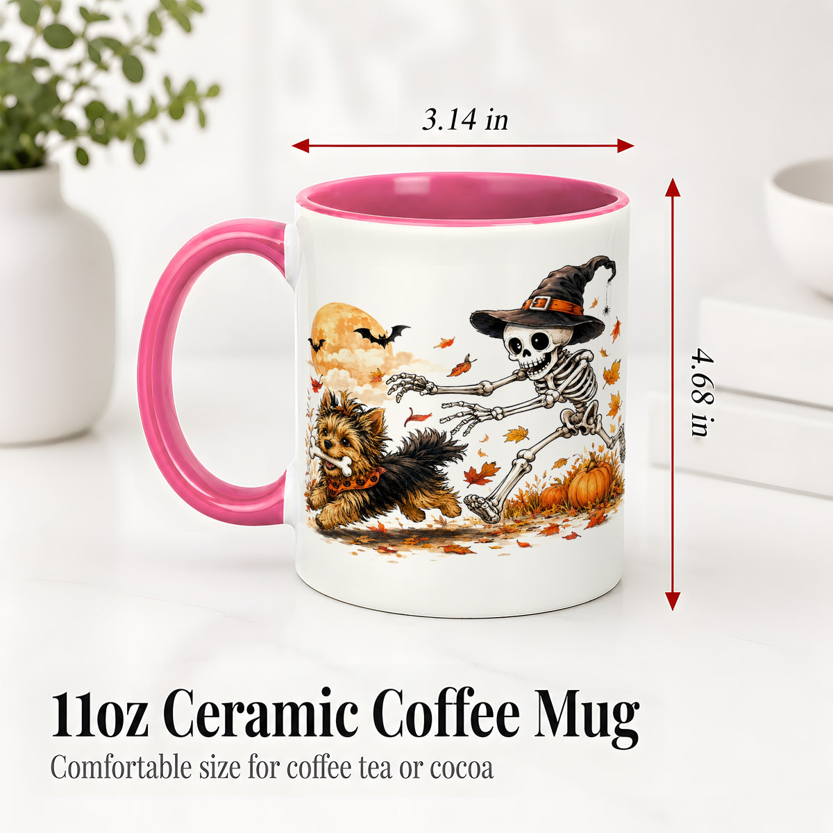 #pl[11oz|Pink] Witch Hat Skeleton Yorkie Ceramic Mug, Halloween Art for Dog Lovers