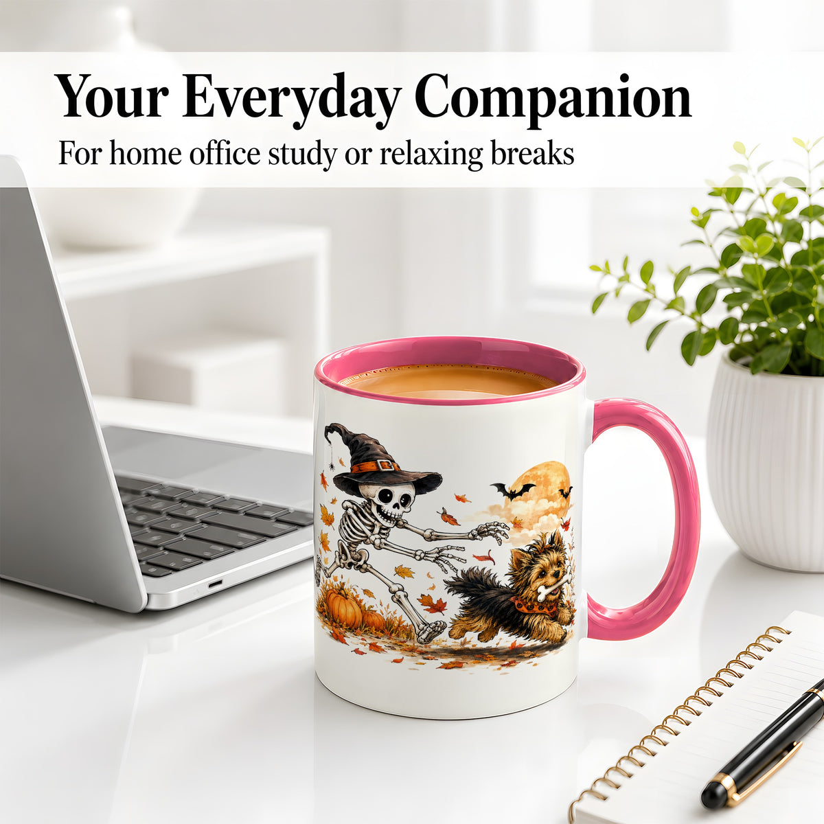#pl[11oz|Pink] Witch Hat Skeleton Yorkie Ceramic Mug, Halloween Art for Dog Lovers