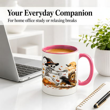 #pl[11oz|Pink] Witch Hat Skeleton Yorkie Ceramic Mug, Halloween Art for Dog Lovers