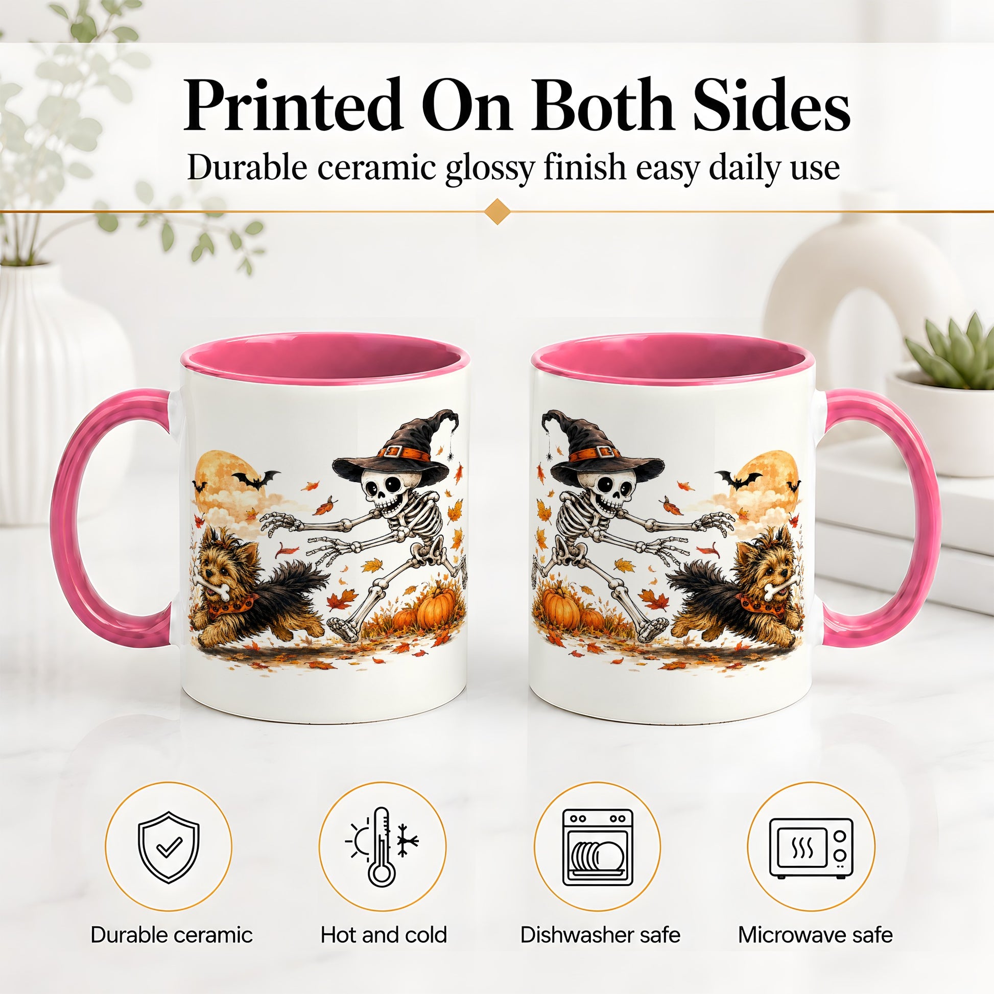 #pl[11oz|Pink] Witch Hat Skeleton Yorkie Ceramic Mug, Halloween Art for Dog Lovers
