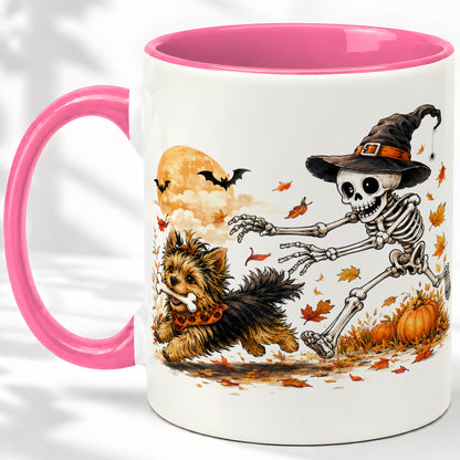 #pl[11oz|Pink] Witch Hat Skeleton Yorkie Ceramic Mug, Halloween Art for Dog Lovers