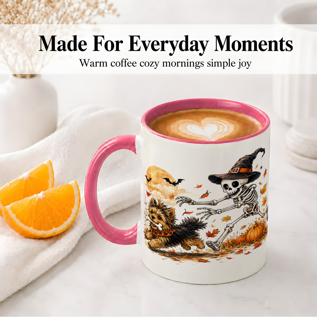 #pl[11oz|Pink] Witch Hat Skeleton Yorkie Ceramic Mug, Halloween Art for Dog Lovers