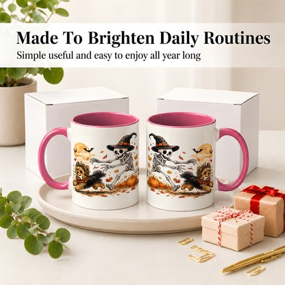 #pl[11oz|Pink] Witch Hat Skeleton Yorkie Ceramic Mug, Halloween Art for Dog Lovers