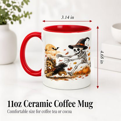 #pl[11oz|Red] Witch Hat Skeleton Yorkie Ceramic Mug, Halloween Art for Dog Lovers