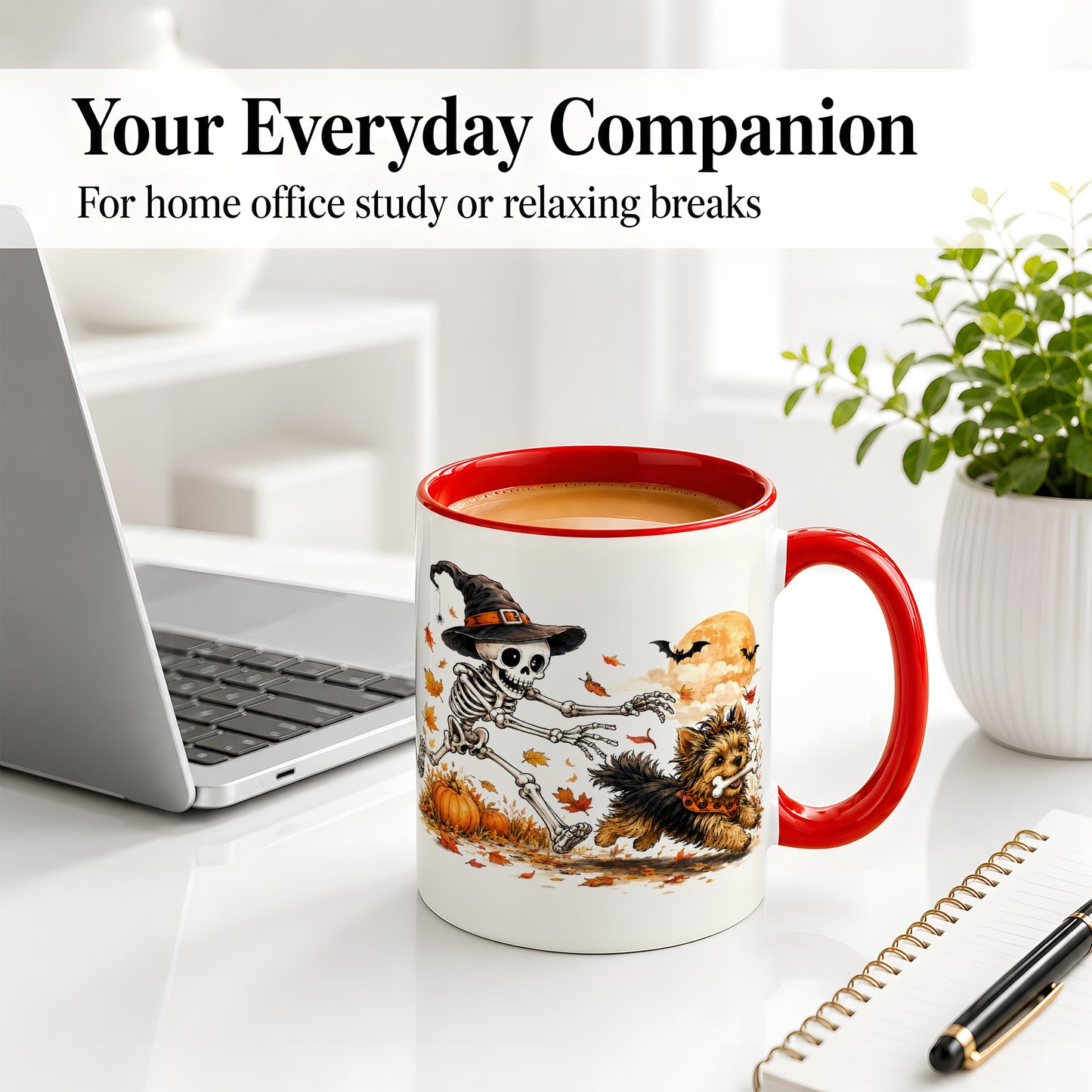 #pl[11oz|Red] Witch Hat Skeleton Yorkie Ceramic Mug, Halloween Art for Dog Lovers