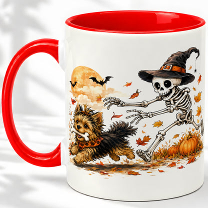 Witch Hat Skeleton Yorkie Ceramic Mug, Halloween Art for Dog Lovers