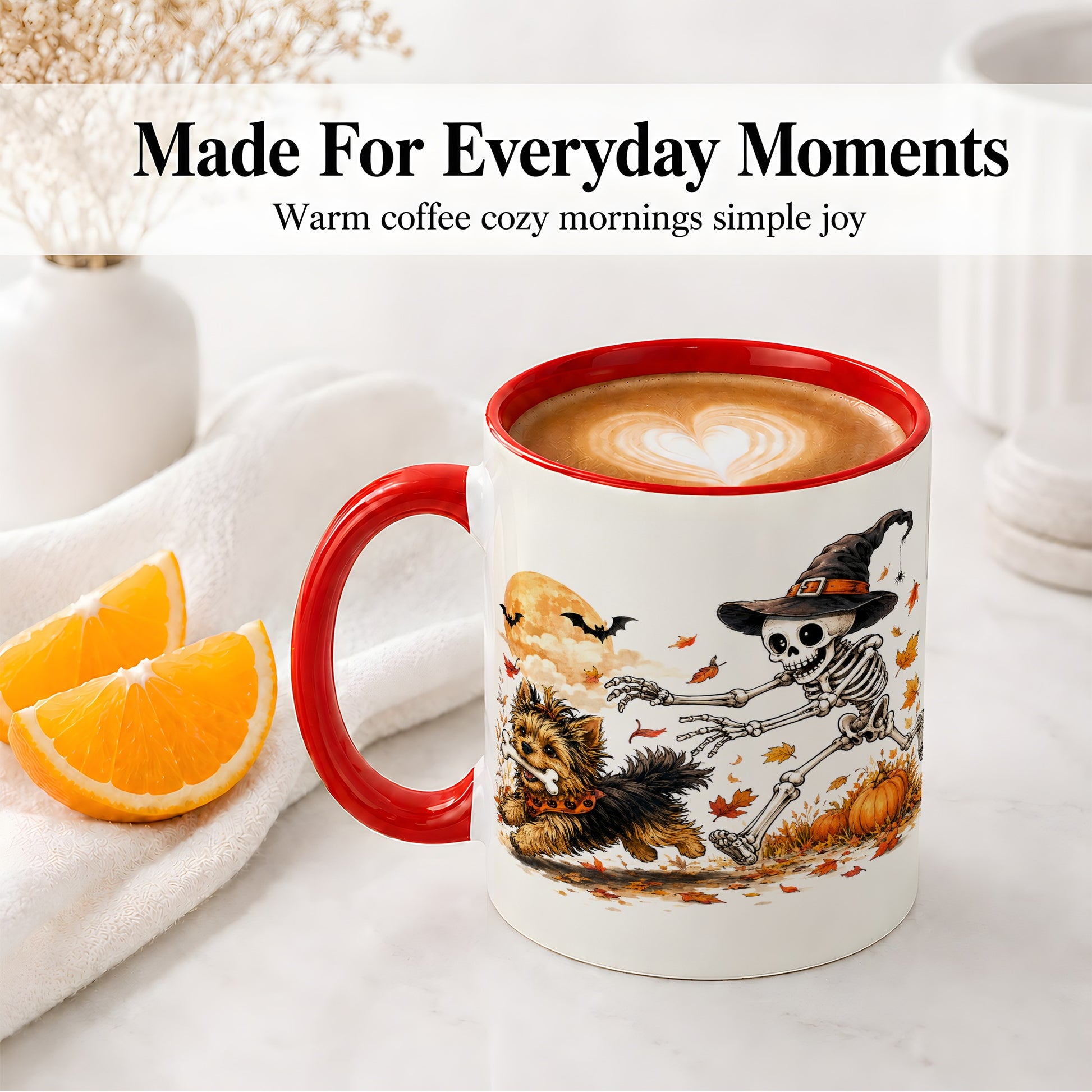 #pl[11oz|Red] Witch Hat Skeleton Yorkie Ceramic Mug, Halloween Art for Dog Lovers