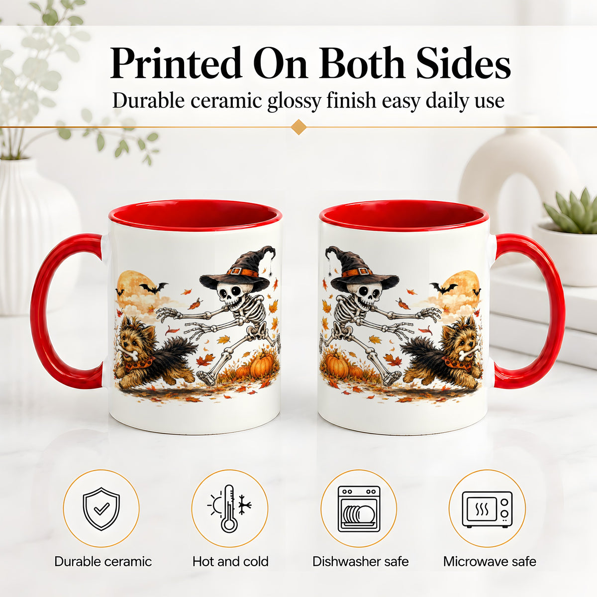 #pl[11oz|Red] Witch Hat Skeleton Yorkie Ceramic Mug, Halloween Art for Dog Lovers