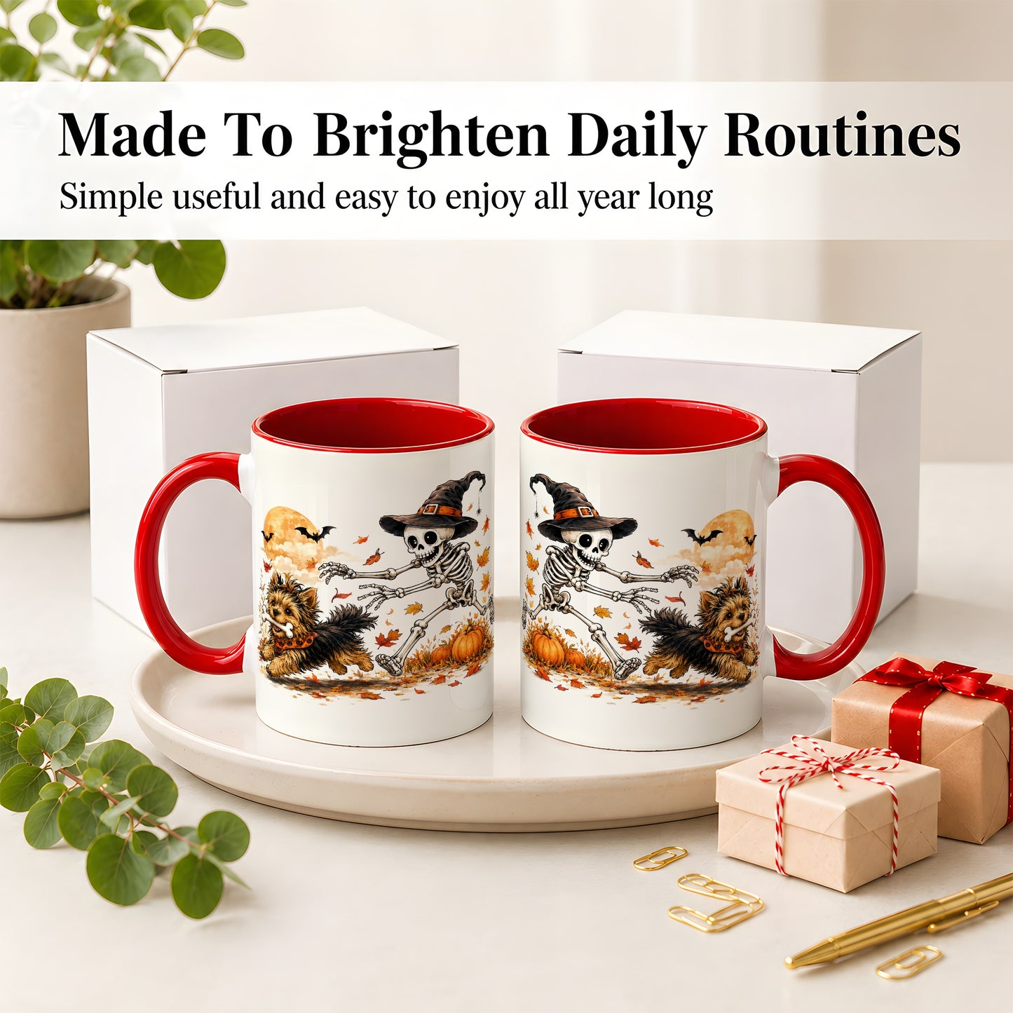 #pl[11oz|Red] Witch Hat Skeleton Yorkie Ceramic Mug, Halloween Art for Dog Lovers