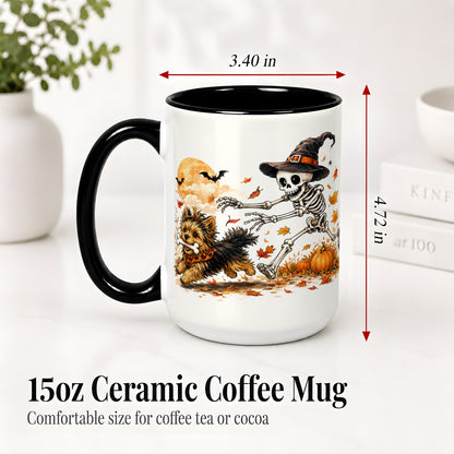 #pl[15oz|Black] Witch Hat Skeleton Yorkie Ceramic Mug, Halloween Art for Dog Lovers